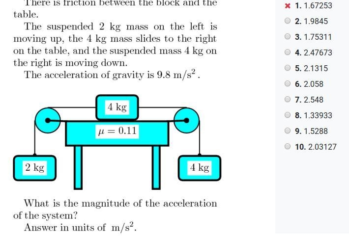 There is friction between the block and the table. The suspended 2 kg mass on the-example-1