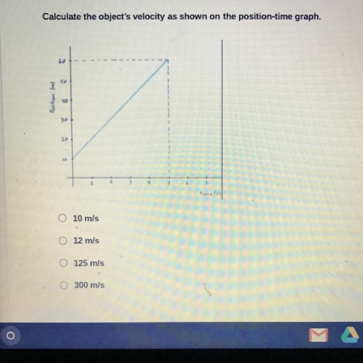 Calculate the object's velocity as shown on the position-time graph, 10 m/s 12 m/s-example-1