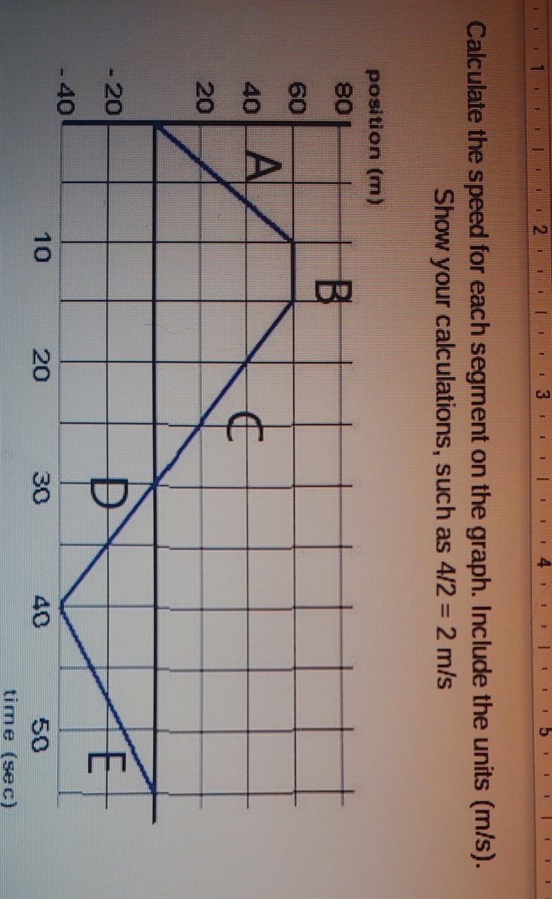 Calculate the speed for each segment on the graph include the units (m/s). Show your-example-1