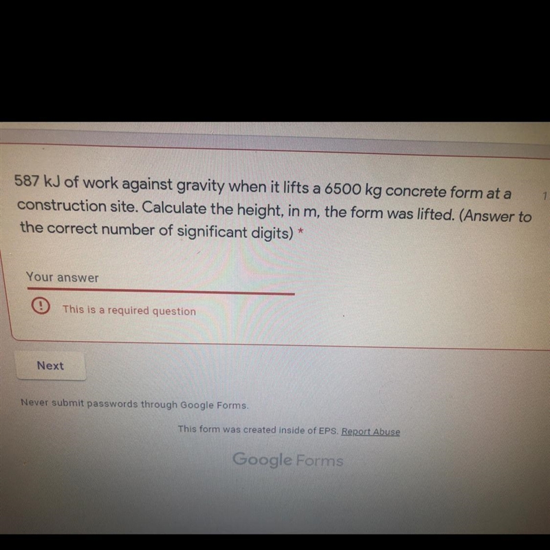 587 kJ of work against gravity when it lifts a 6500 kg concrete from at a construction-example-1