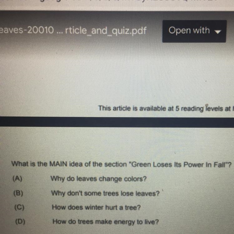 What is the MAIN idea of the section "Green Loses Its Power In Fall"?-example-1