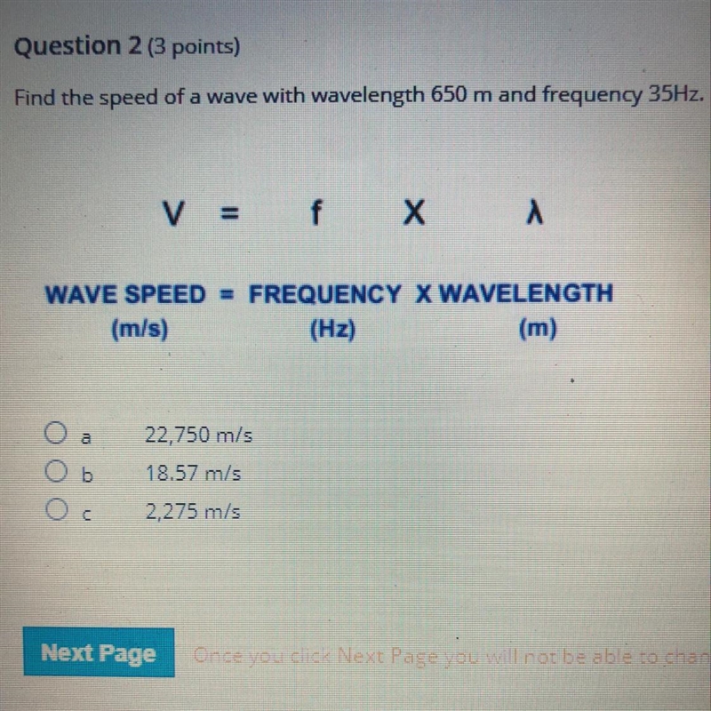 Find the speed of a wave with wave length 650 M and a frequency 35HZ help.-example-1