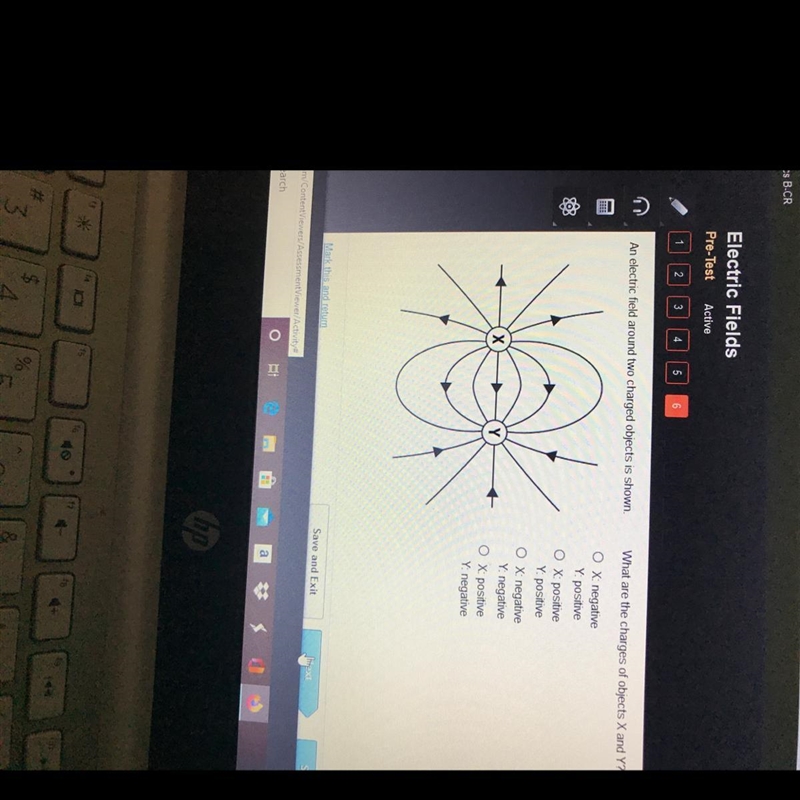 An electric field around two charged objects is shown. What are the charges of objects-example-1