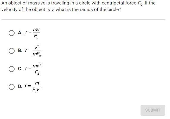 An object of mass m is traveling in a circle with centripetal force f c. If the velocity-example-1