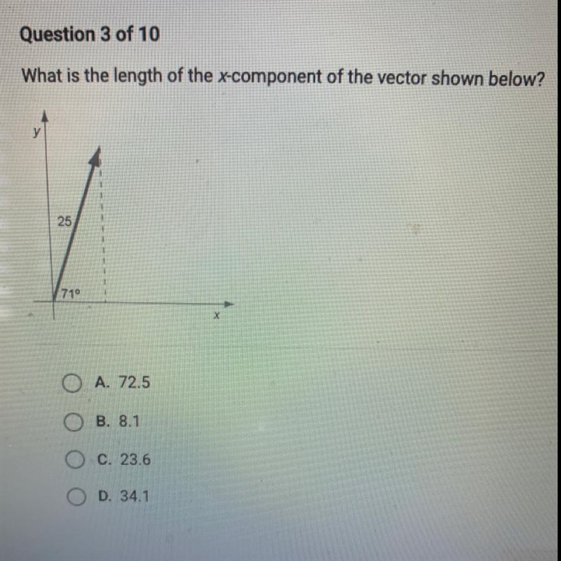 What is the length of the x-component of the vector shown below? A. 72.5 B. 8.1 C-example-1