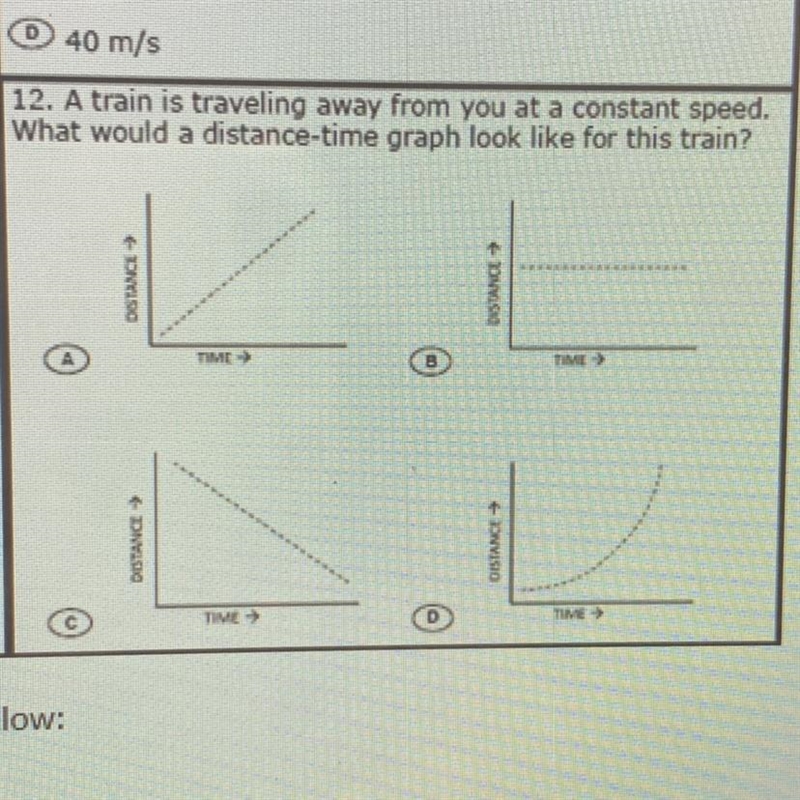 12. A train is traveling away from you at a constant speed. What would a distance-example-1