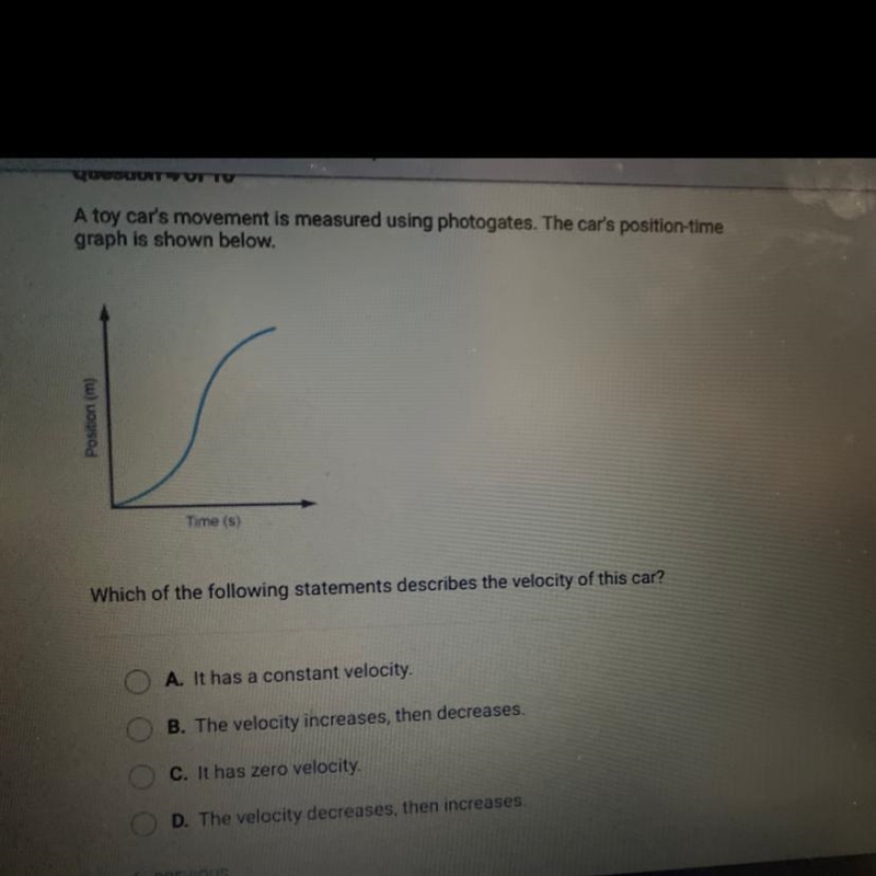 Which of the following statements describes the velocity of this car?-example-1