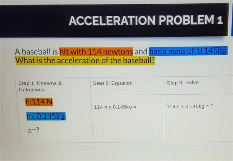 A baseball is hit with 114 newtons has a mass of 0.145kg. What is the acceleration-example-1