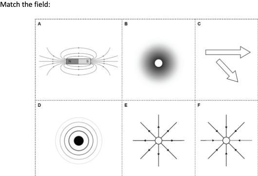 Match the labels: 1. forces 2.magnetic fields 3.electric fields 4.gravitational fields-example-1