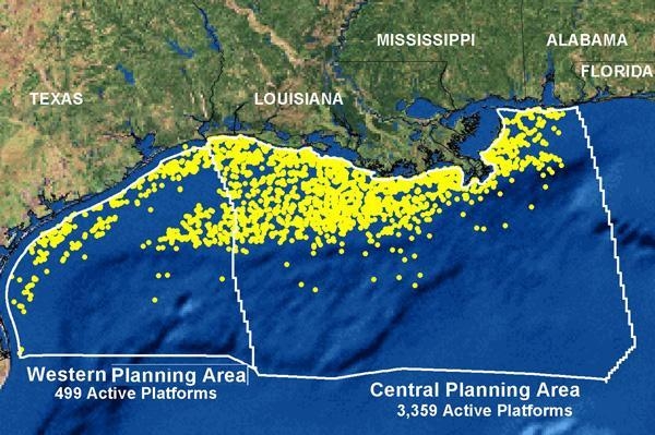 In 2006, there were 3,858 oil and gas platforms in the Gulf of Mexico. Oil platforms-example-1