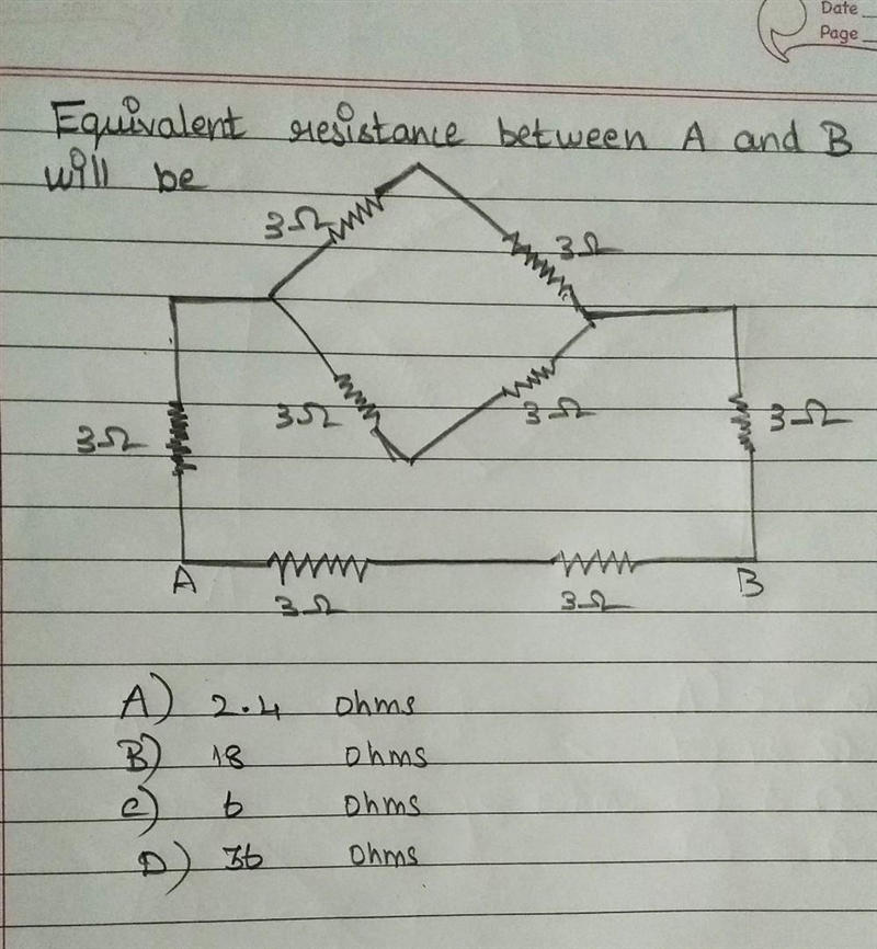 Equivalent resistance between A and B. A) 2.4 ohms B)18 ohms C) 6 ohms D) 36 ohms-example-1