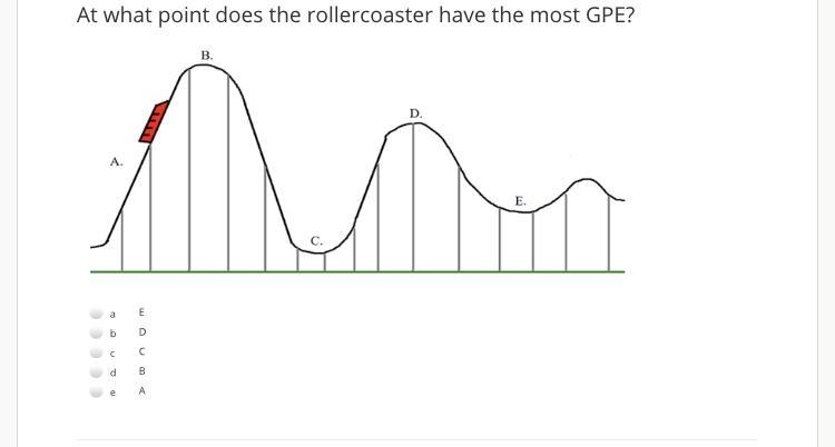 At what point does the rollercoaster have the most GPE? A,C B,A C,E D,B E,D-example-1