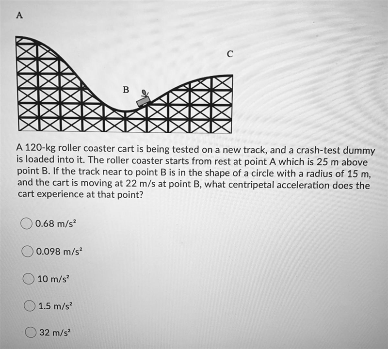 A 120-kg roller coaster cart is being tested on a new track, and a crash-test dummy-example-1