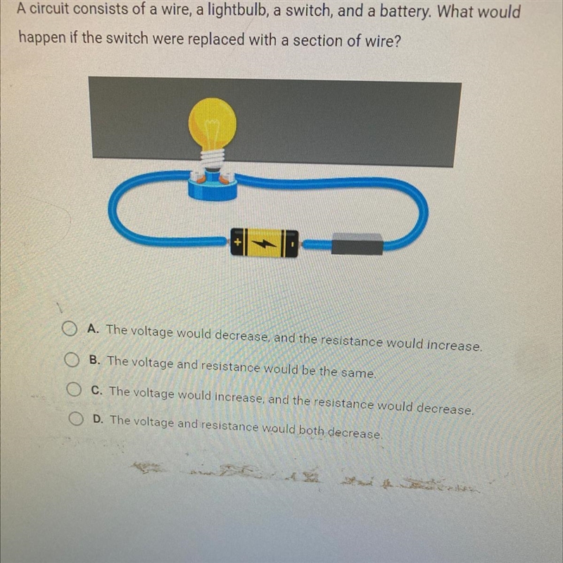 A circuit consists of a wire, a lightbulb, a switch, and a battery. What would happen-example-1