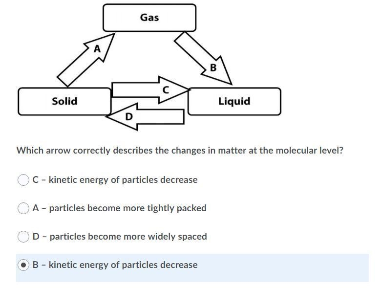 Which arrow correctly describes the changes in matter at the molecular level?-example-1