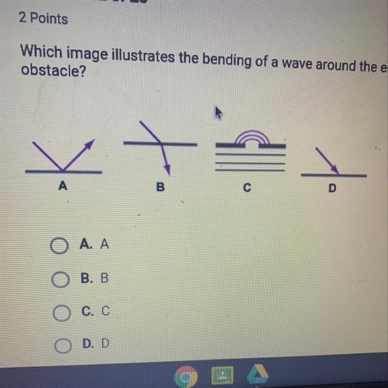 Which image illustrates the bending of a wave around the edge of an obstacle?-example-1