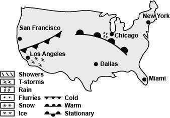 Based on the weather map, state the direction of the warm front. Using complete sentences-example-1