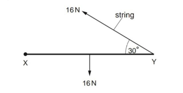 A rod of XY of weight 16N is hinged at X and supported by a string at Y. The string-example-1