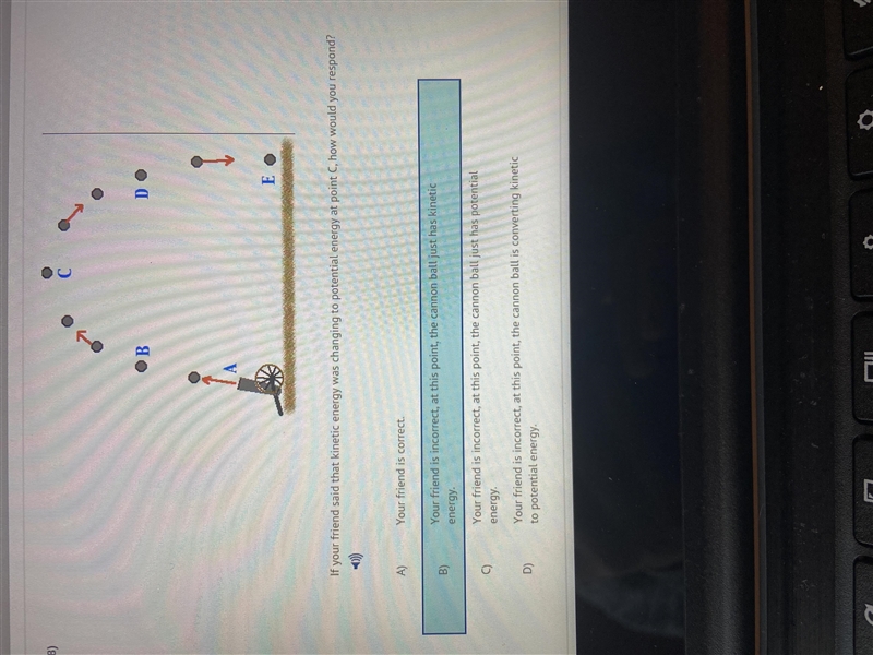 If your friend said that kinetic energy was changing to potential energy at point-example-1