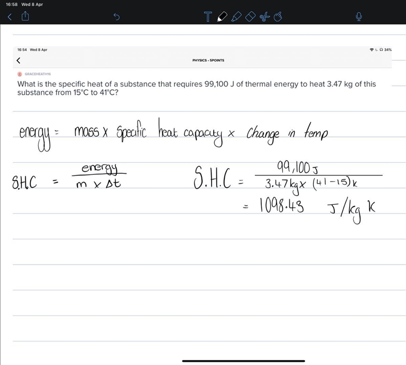 What is the specific heat of a substance that requires 99,100 J of thermal energy-example-1