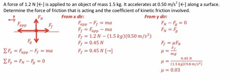 A force of 1.2 N is applied to an object of mass 1.5 kg. It accelerates at 0.50m/s-example-1