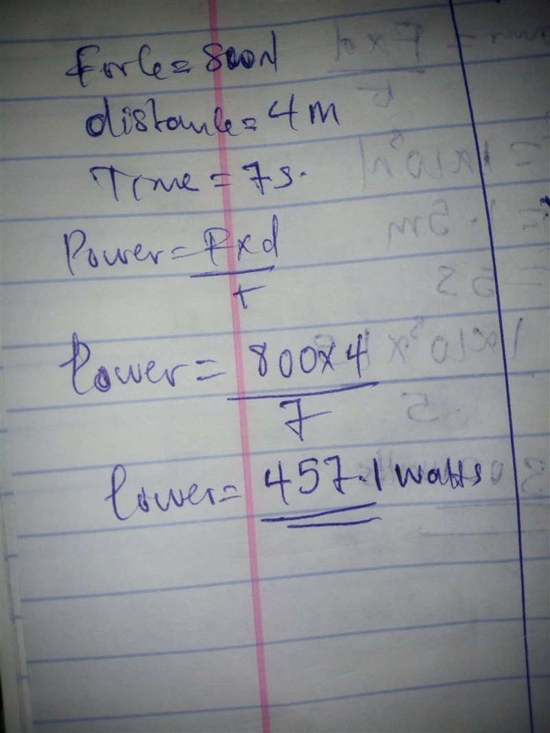 13. A set of pulleys lifts an 800 N crate 4 meters in 7 seconds. What power was used-example-1