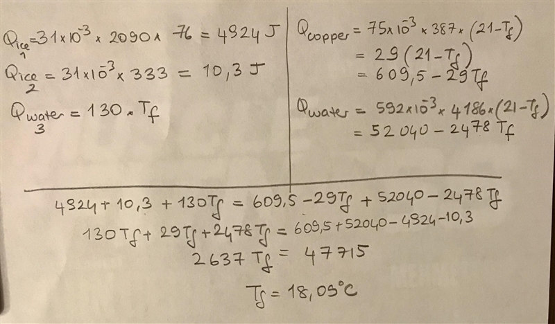 A 31 g block of ice is cooled to -76°C. It is added to 592 g of water in an 75 g copper-example-2