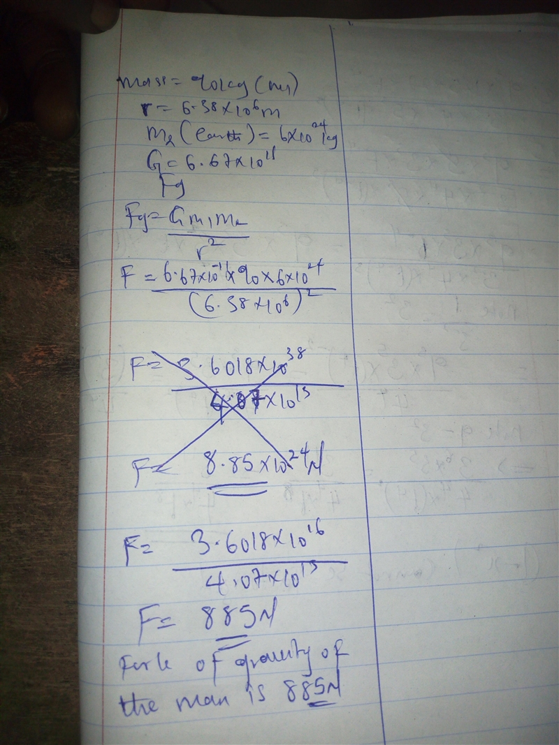 A man whose mass is 90 kg is 6.38x106m away from the center of the earth. If the Earth-example-1