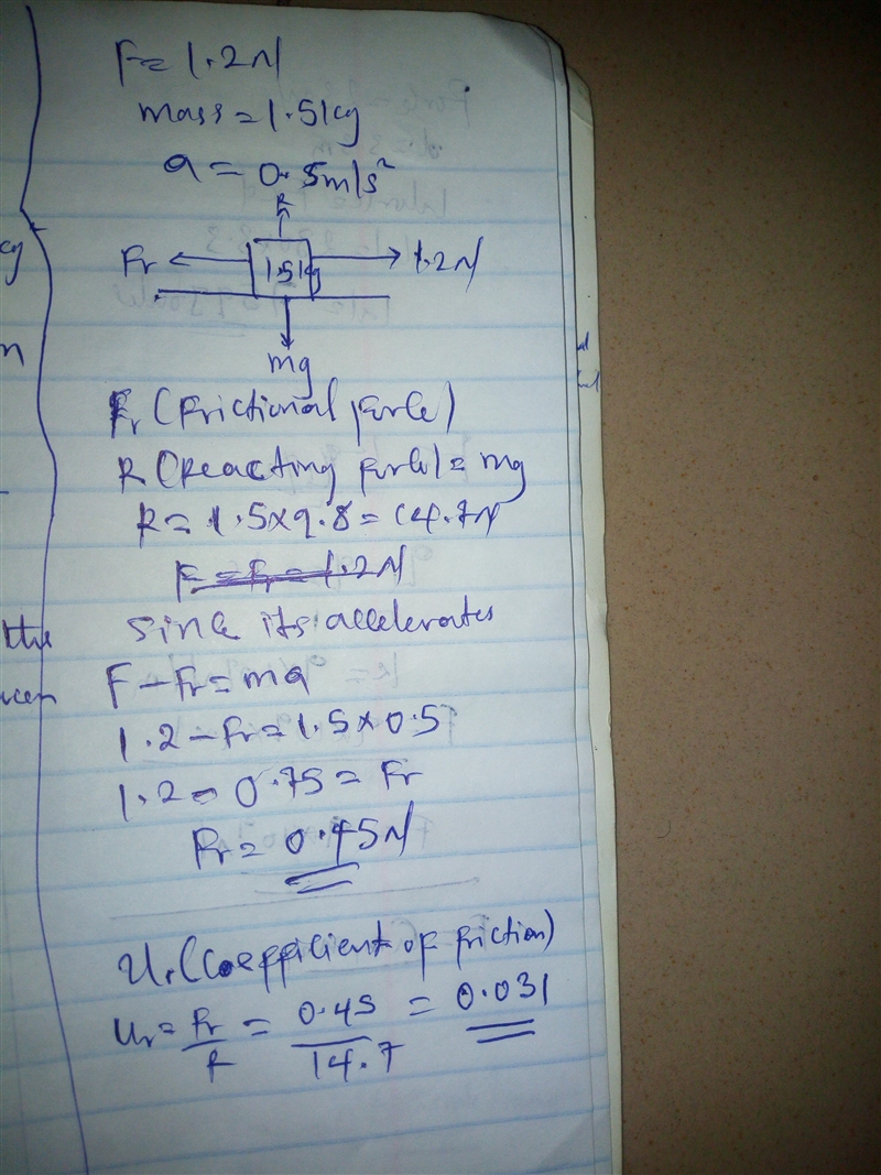 A force of 1.2 N is applied to an object of mass 1.5 kg. It accelerates at 0.50m/s-example-1