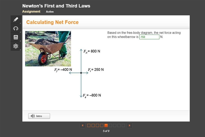 Based on the free-body diagram, the net force acting on this wheelbarrow is {blank-example-1