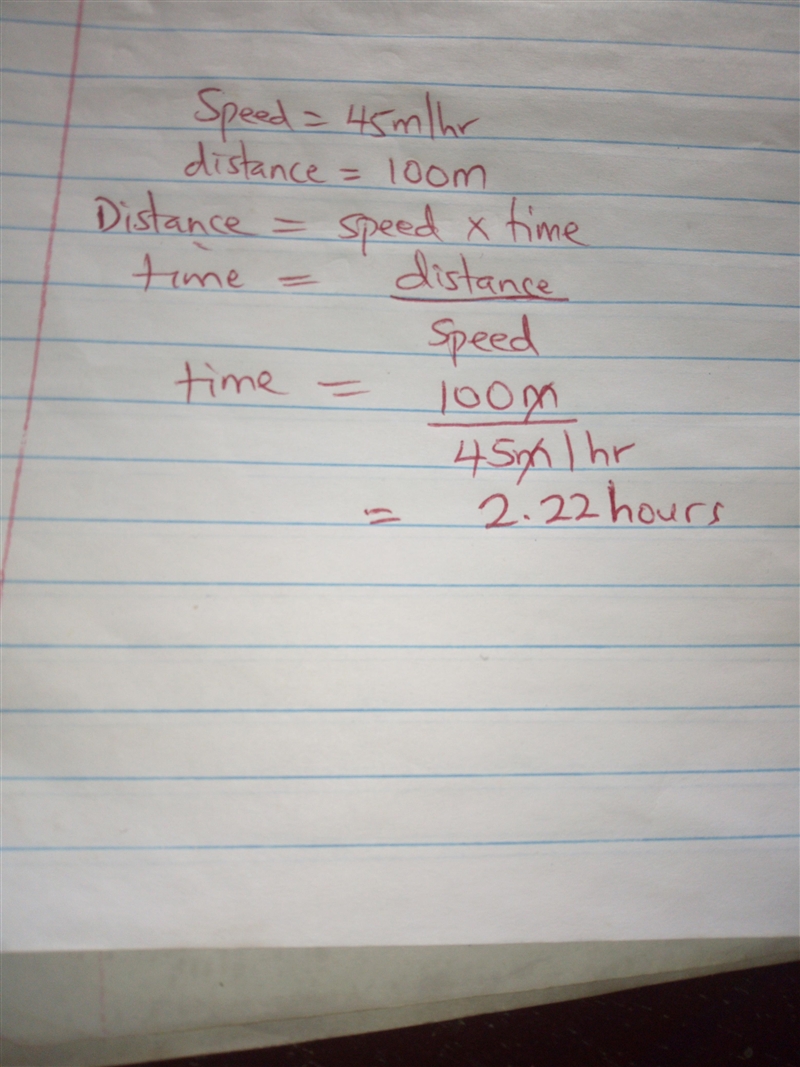 How long does it take a car traveling 45m/h to travel 100.00m-example-1