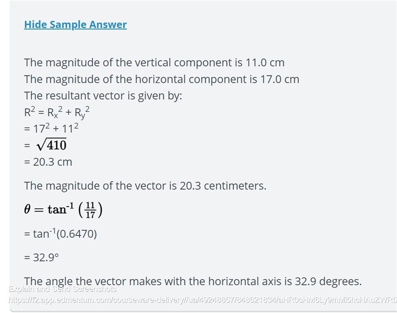 The magnitudes of the vertical and horizontal components of a vector are 11 and 17 centimeters-example-1