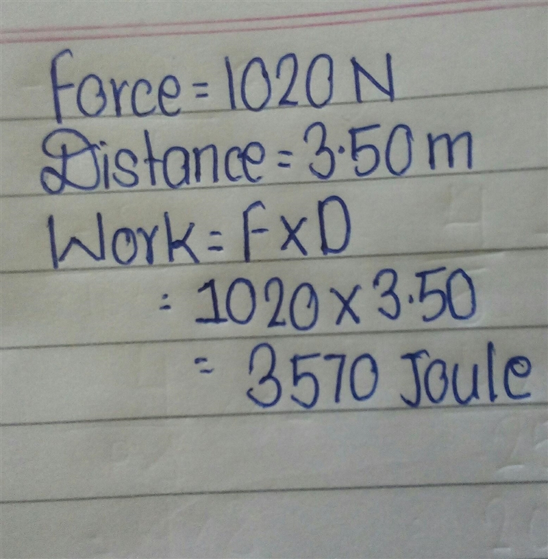 A forklift raises a 1,020 N crate 3.50 m up to a shelf. How much work is done by the-example-1