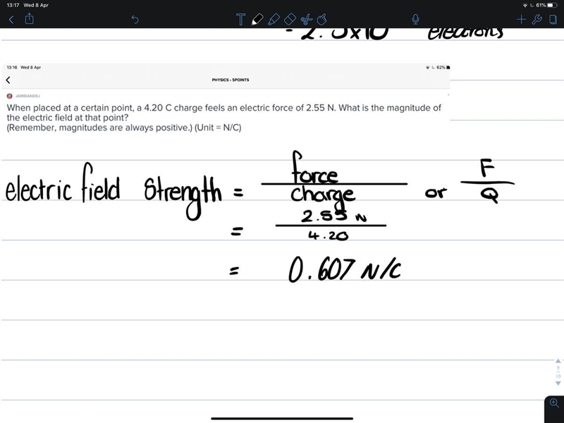 When placed at a certain point, a 4.20 C charge feels an electric force of 2.55 N-example-1