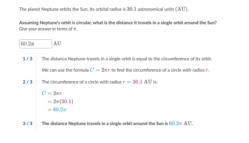 The planet Neptune orbits the Sun. Its orbital radius is 30.130.130, point, 1 astronomical-example-1