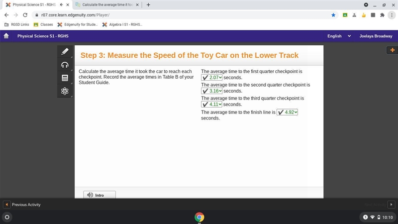 Calculate the average time it took the car to reach each checkpoint. Record the average-example-1