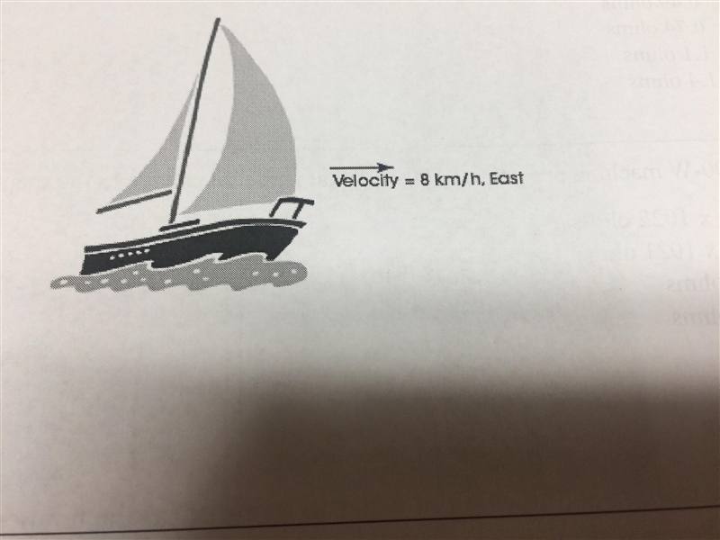 A sailboat is moving at a constant velocity of 8 km/h eastward as shown in the picture-example-1