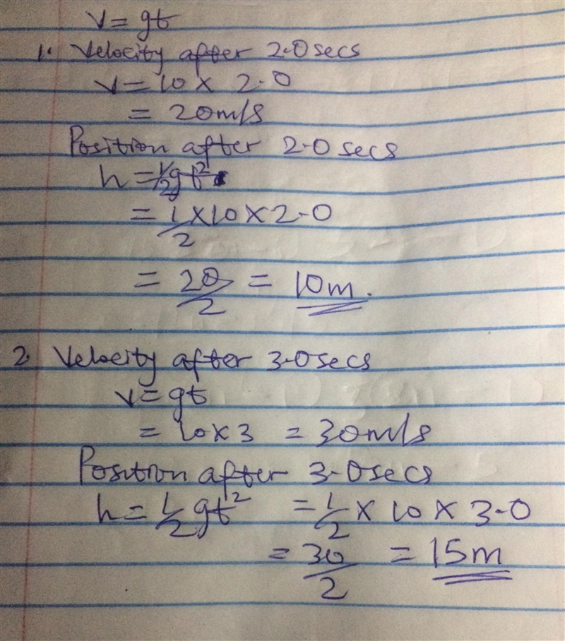 A mango is dropped and falls freely from rest. What are its position and velocity-example-1