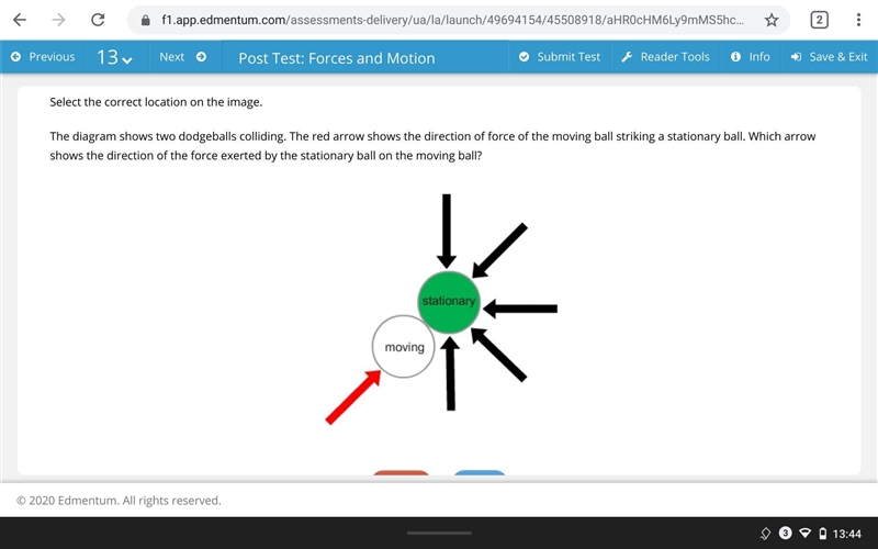 The diagram shows two dodgeballs colliding. The red arrow shows the direction of force-example-1