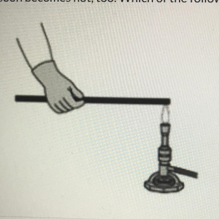 An iron bar is placed in a flame, as shown below, and is heated until the end glows-example-1