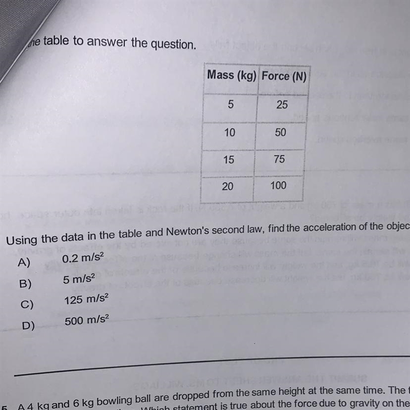 Mass (kg) Force (N) 25 50 75 20 100 Using the data in the table and Newton's second-example-1