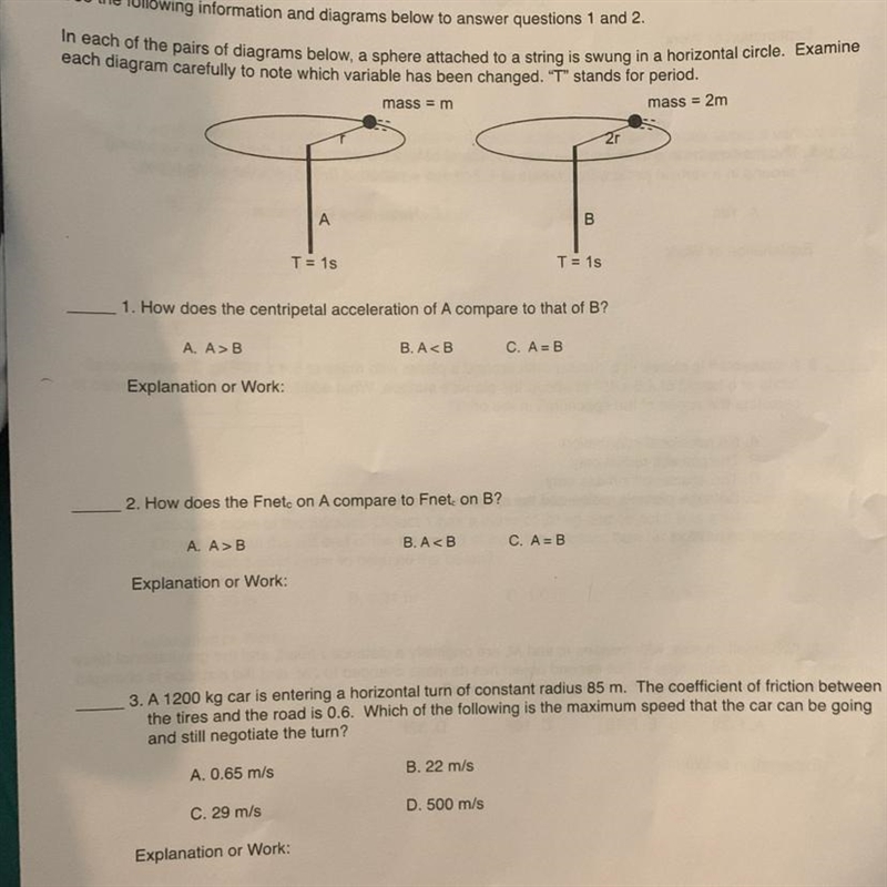 Mass = m mass = 2m T = 15 T = 15 1. How does the centripetal acceleration of A compare-example-1