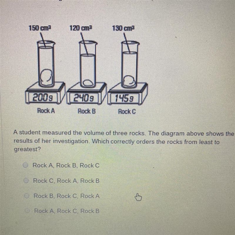 A student measured the volume of three rocks. The diagram above shows the results-example-1