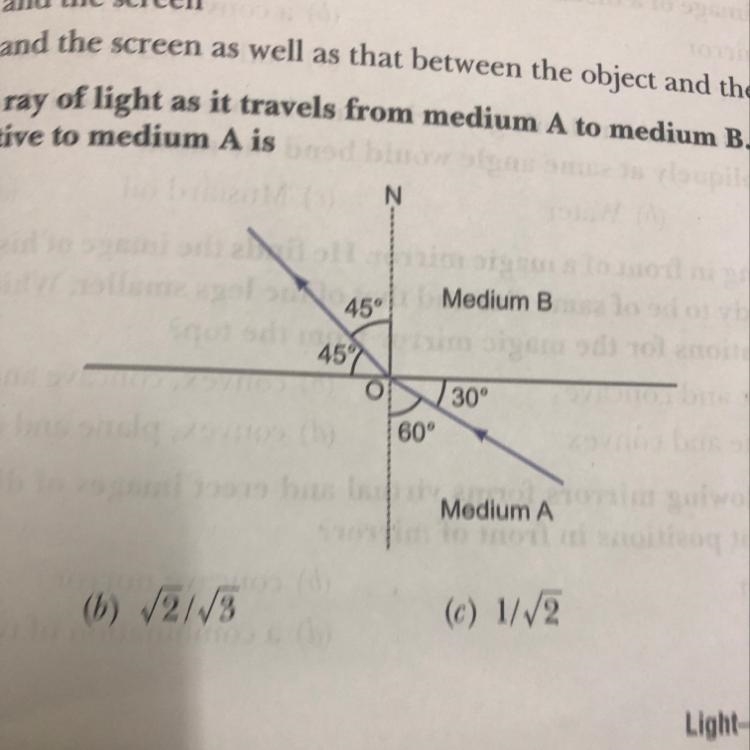 Figure shows a ray of light as it travels from medium A to medium b. The refractive-example-1