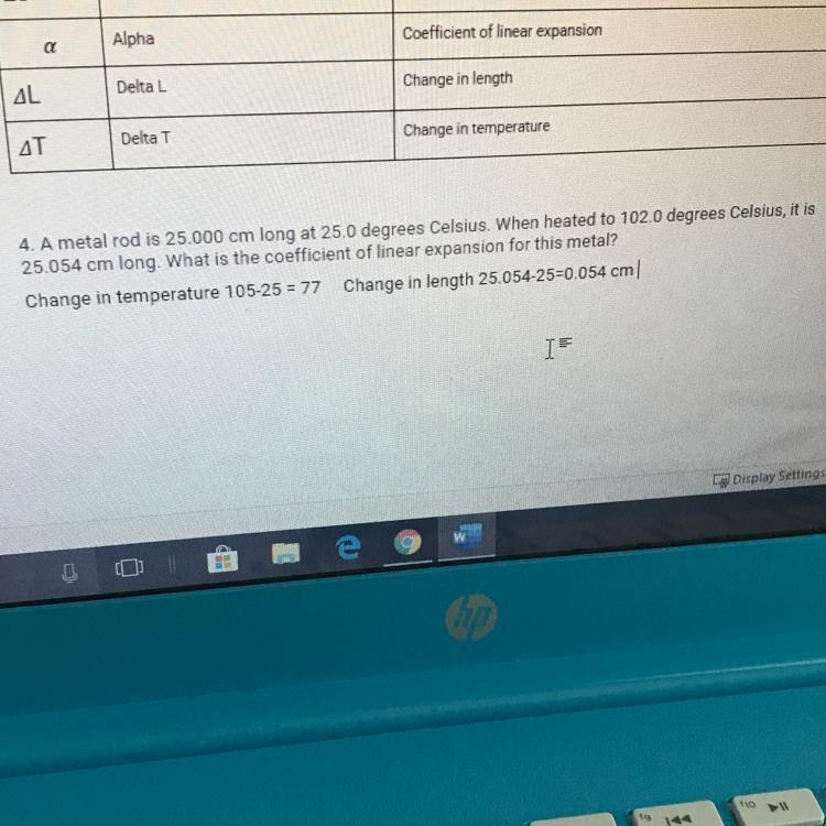 Physics! Question 4! How do I find the coefficient of linear expansion for this metal-example-1