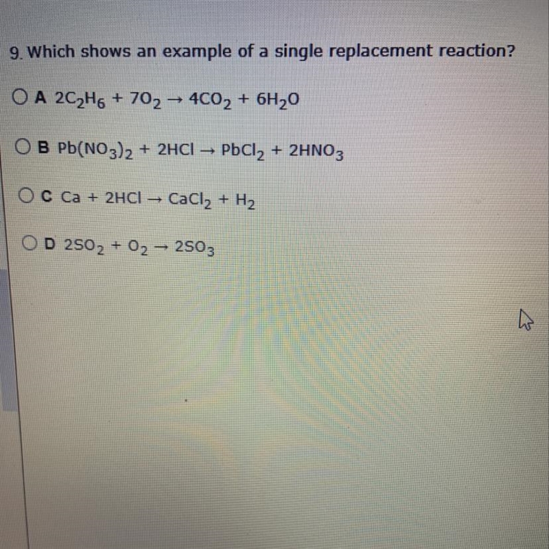 Which shows an example of a single replacement reaction-example-1