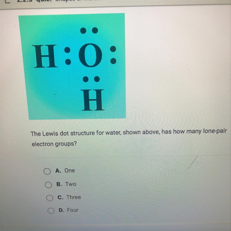 The Lewis dot structure for water, shown above, has how many lone-pair electron groups-example-1