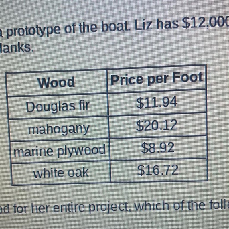 Liz has designed a sailboat. She wants to build a prototype of the boat. Liz has $12,000 to-example-1