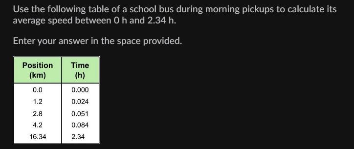 Use the following table of a school bus during morning pickups to calculate its average-example-1