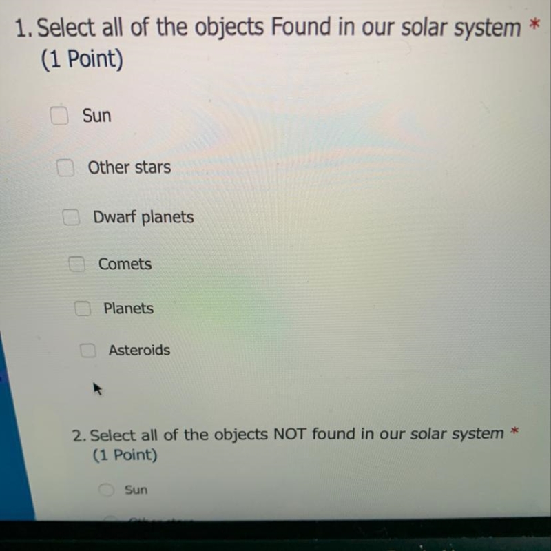 Hurryyy please helppp Select all of the objects Found in our solar system-example-1